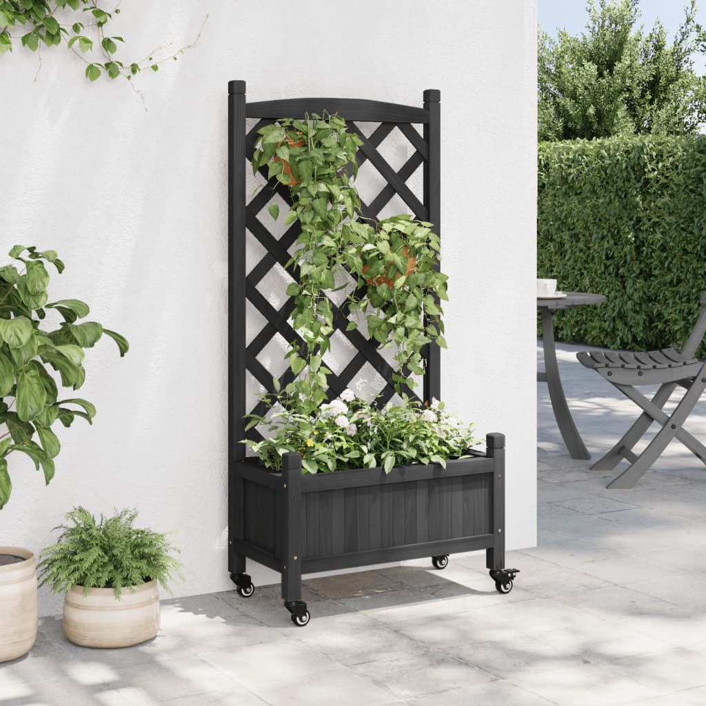Plantekasse med espalier og hjul svart heltre gran