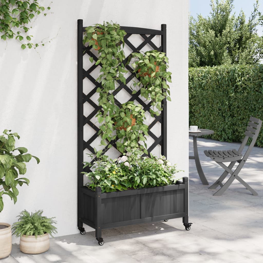 Plantekasse med espalier og hjul svart heltre gran