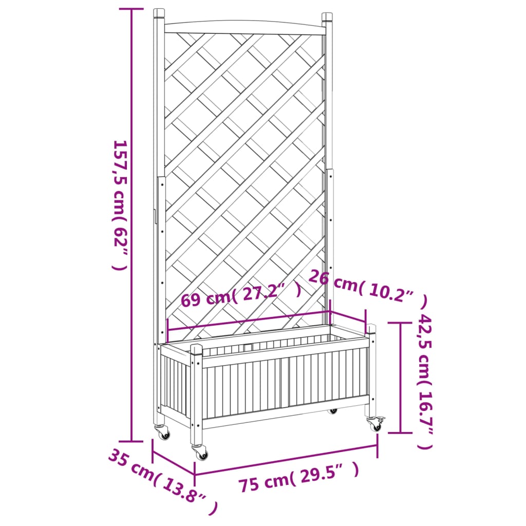 Plantekasse med espalier og hjul svart heltre gran