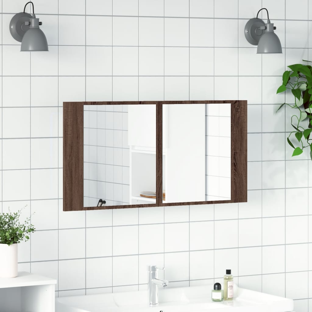 LED-speilskap til baderom brun eik 90x12x45 cm akryl