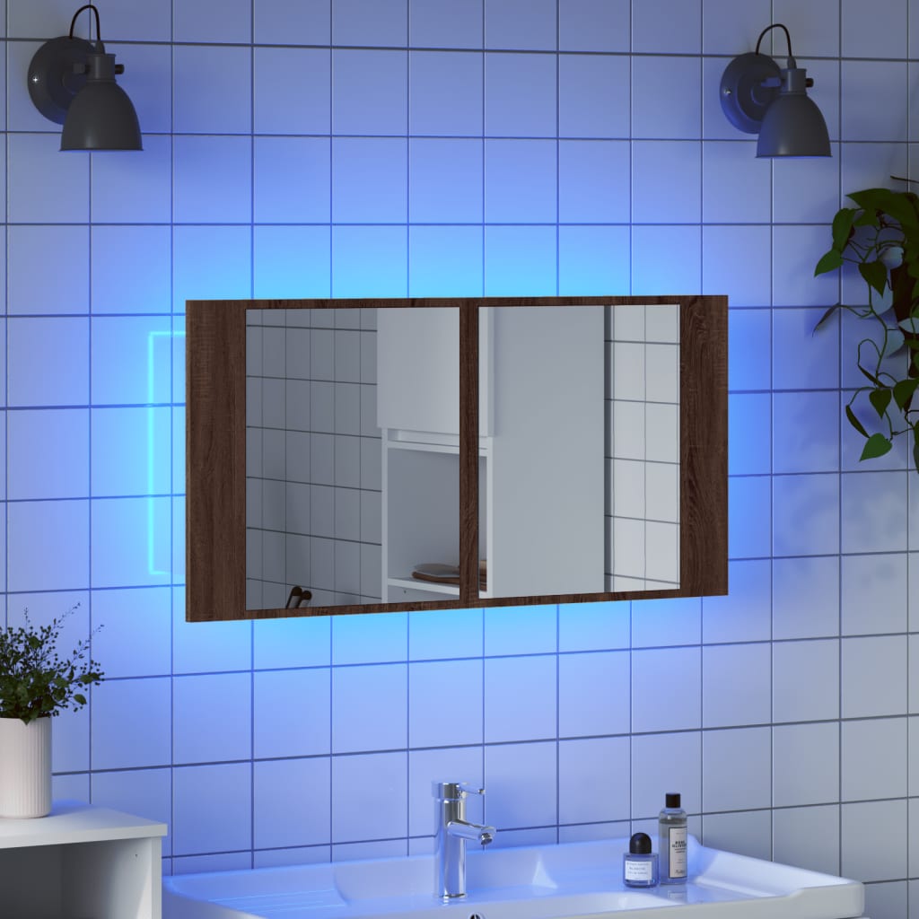 LED-speilskap til baderom brun eik 90x12x45 cm akryl