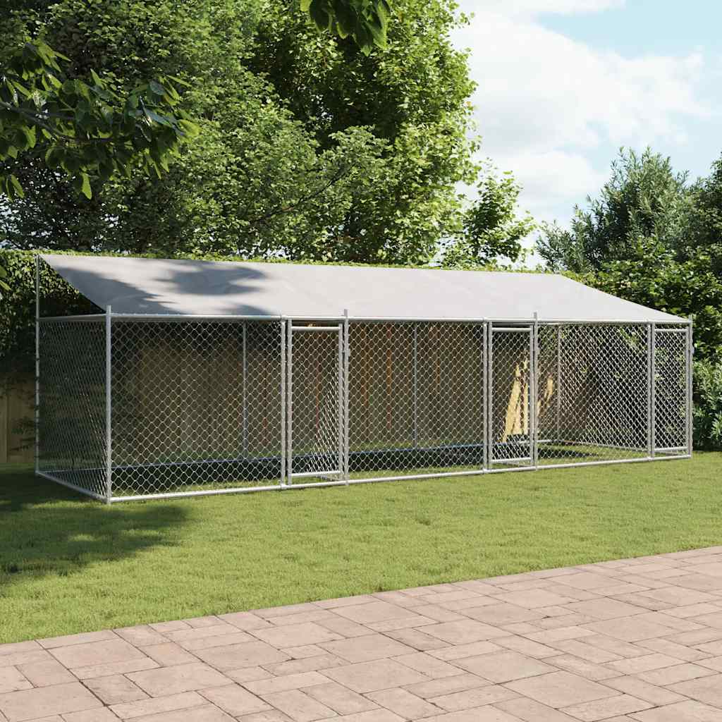 Hundebur med tak og dør grå 6x2x2 m galvanisert stål