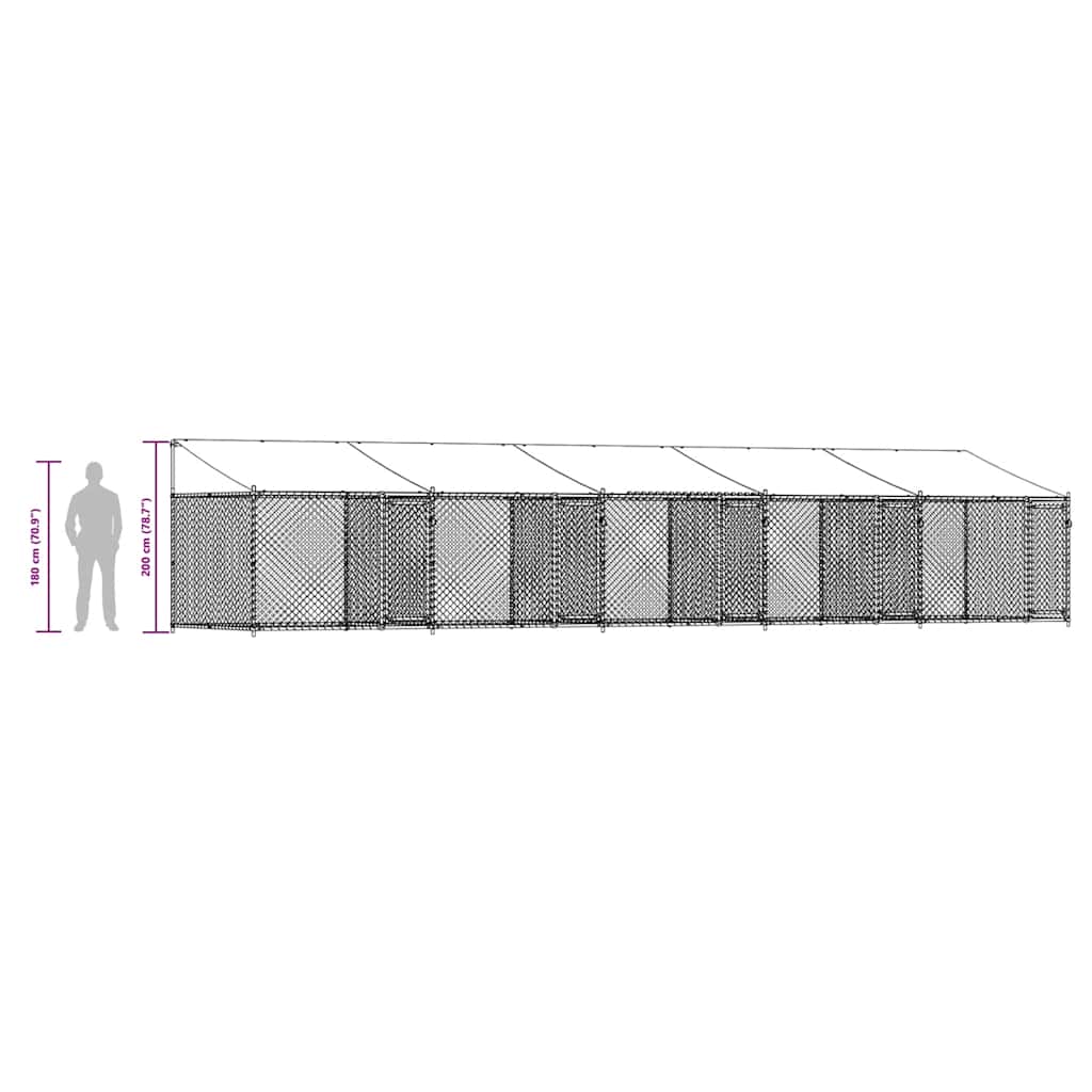 Hundebur med tak og dør grå 10x2x2 m galvanisert stål