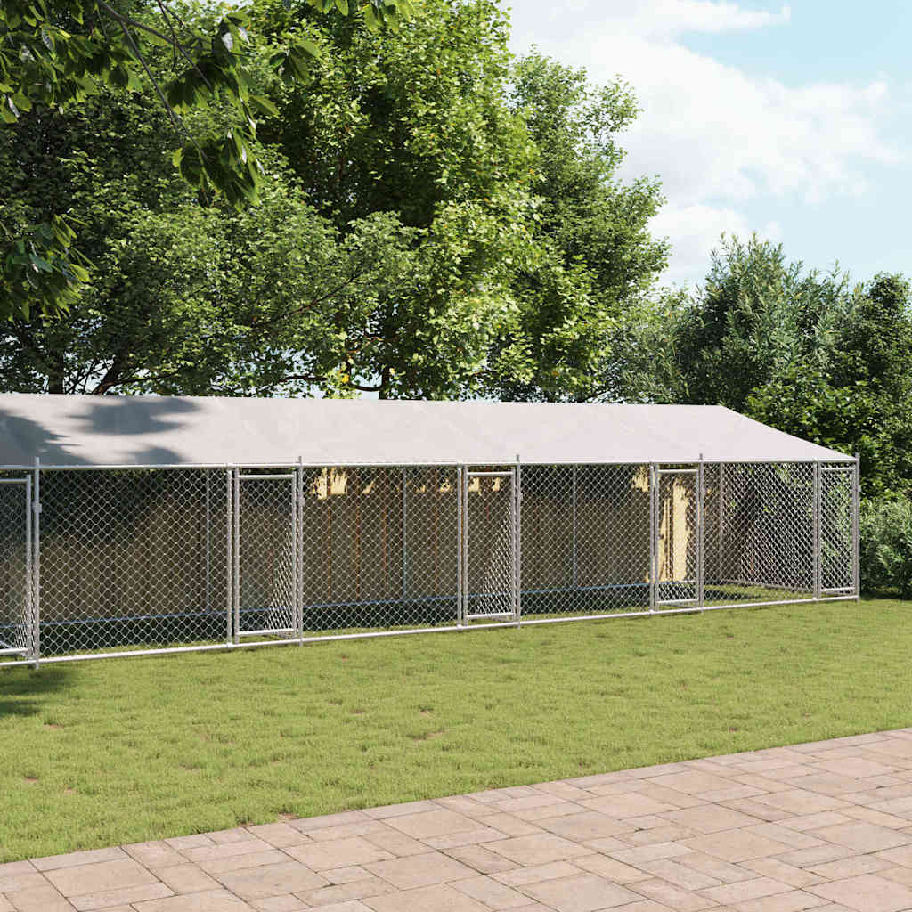 Hundebur med tak og dør grå 12x2x2 m galvanisert stål