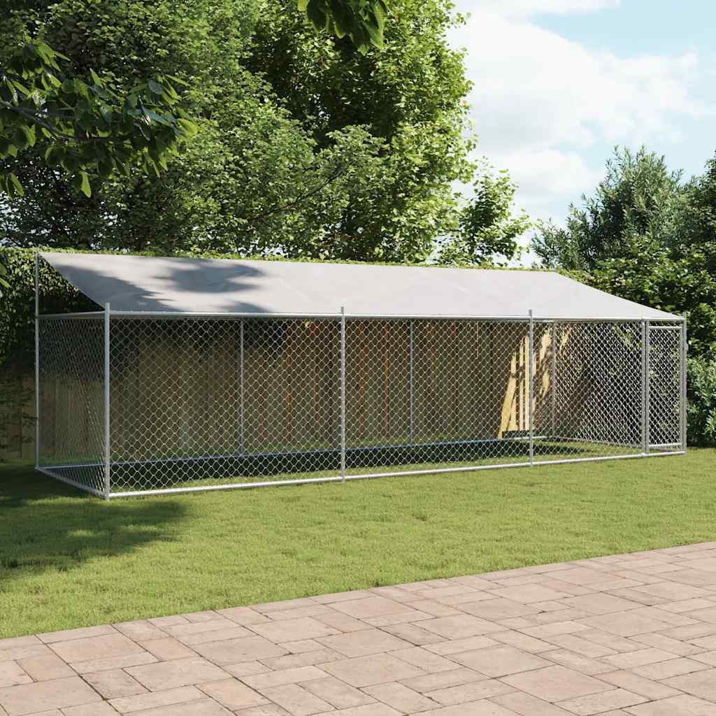 Hundebur med tak og dør grå 6x2x2 m galvanisert stål