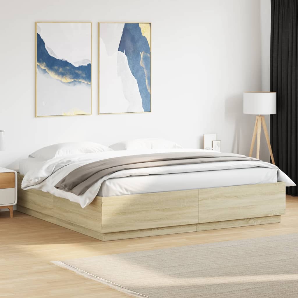 Sengeramme med LED-lys sonoma eik 200x200 cm konstruert tre