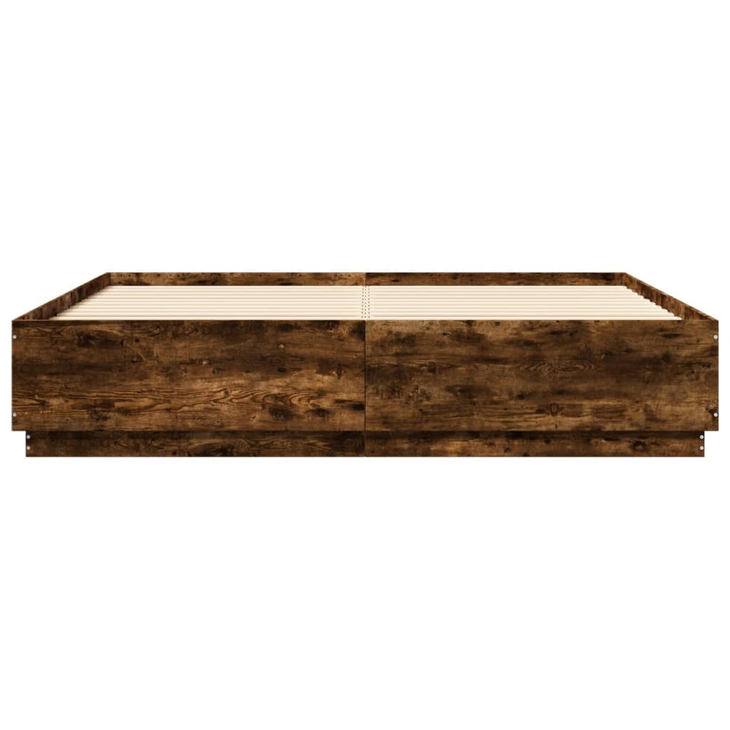 Sengeramme med LED-lys røkt eik 200x200 cm konstruert tre
