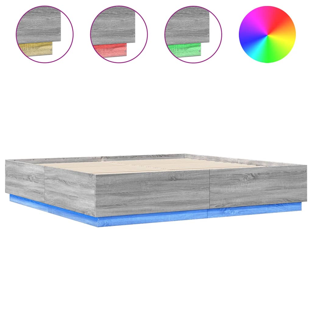 Sengeramme med LED-lys grå sonoma 200x200 cm konstruert tre