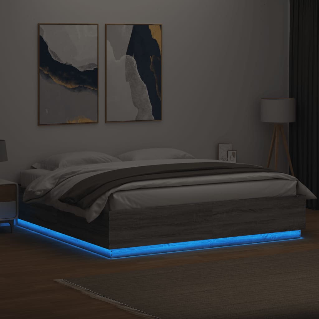 Sengeramme med LED-lys grå sonoma 200x200 cm konstruert tre