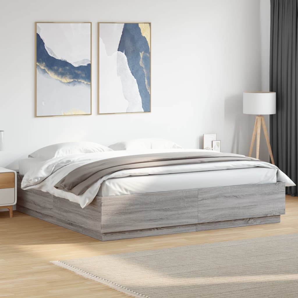 Sengeramme med LED-lys grå sonoma 200x200 cm konstruert tre