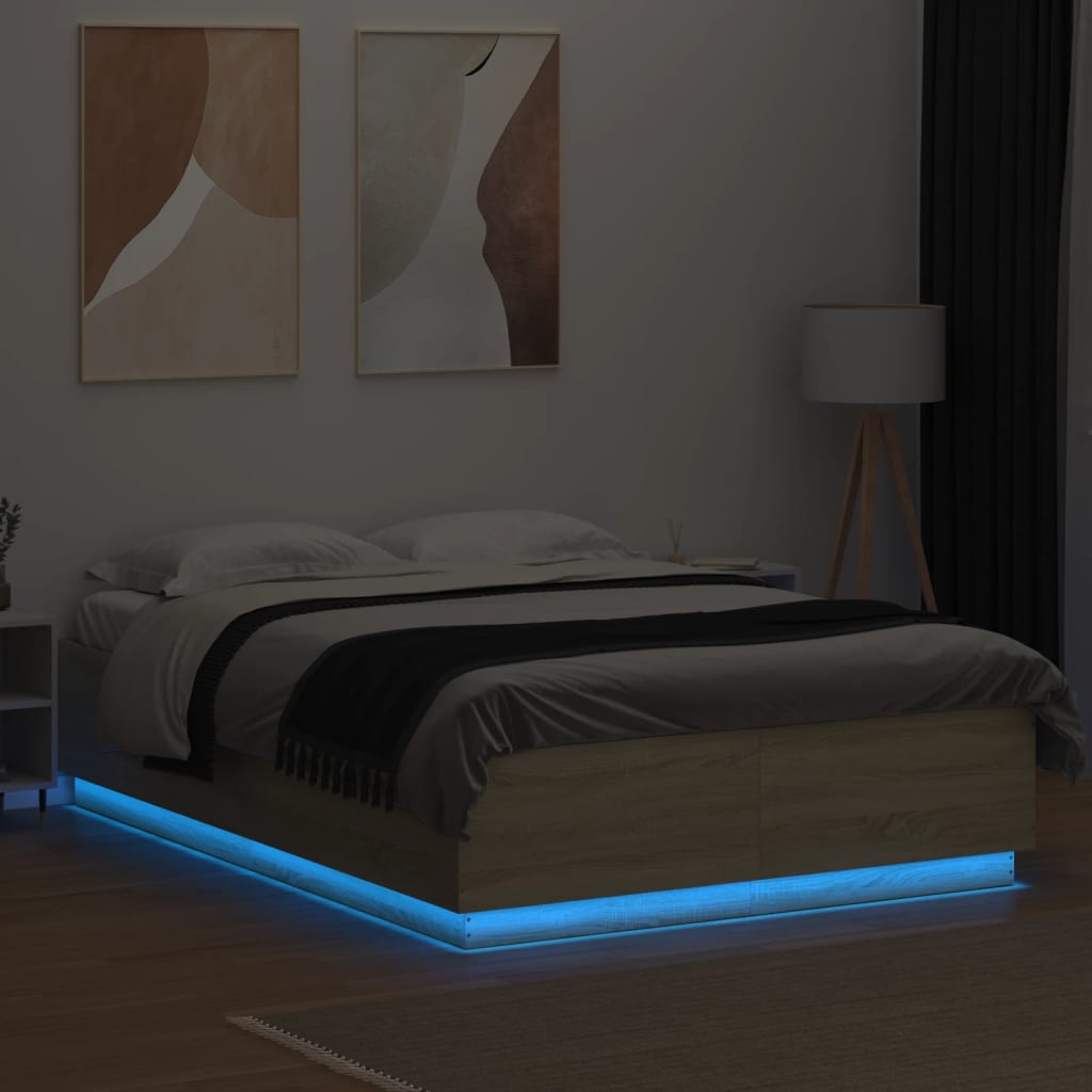 Sengeramme med LED-lys sonoma eik 160x200 cm konstruert tre