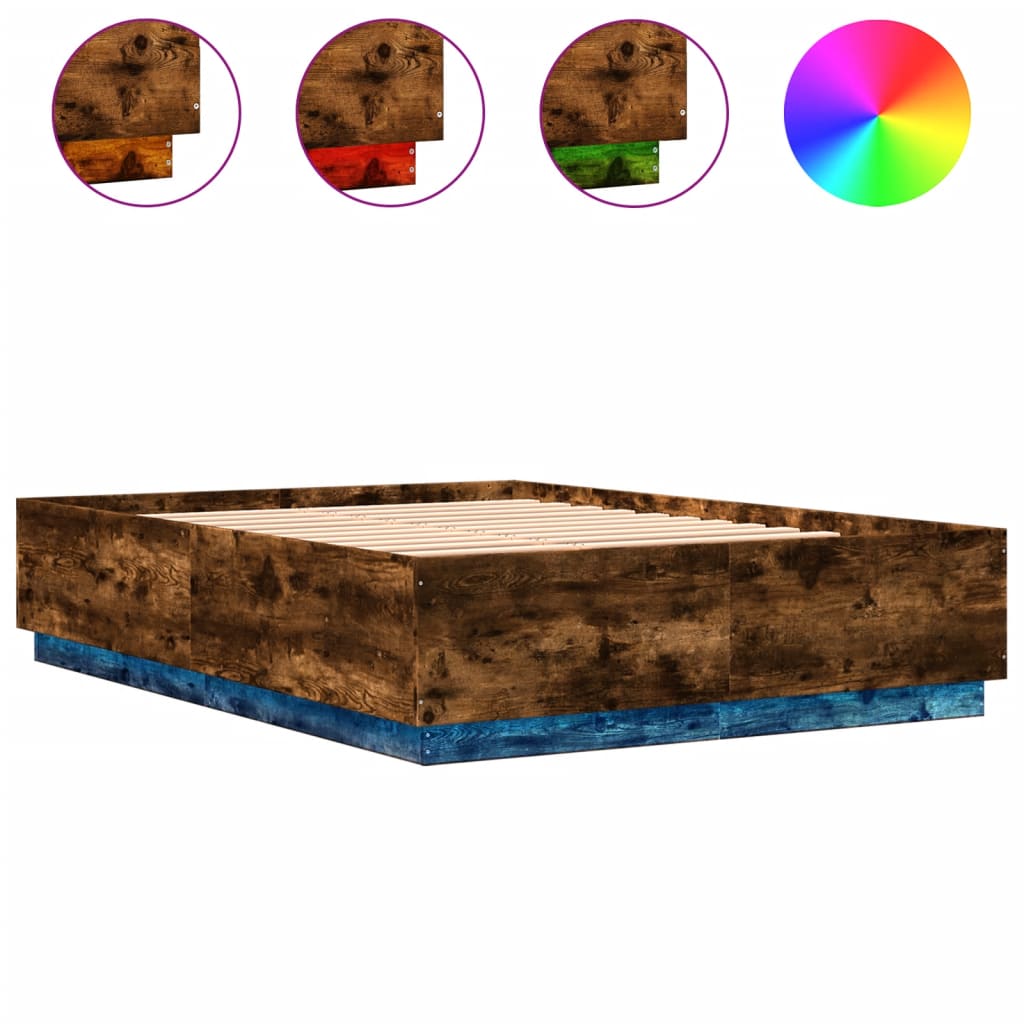Sengeramme med LED-lys røkt eik 150x200 cm konstruert tre