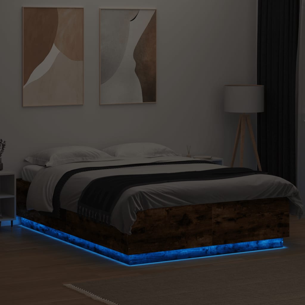 Sengeramme med LED-lys røkt eik 150x200 cm konstruert tre
