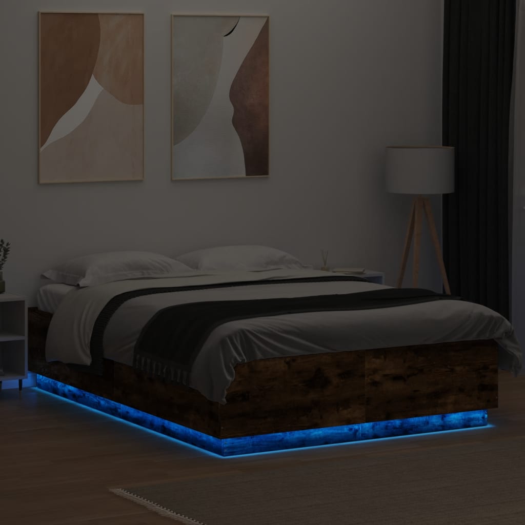 Sengeramme med LED-lys røkt eik 140x200 cm konstruert tre