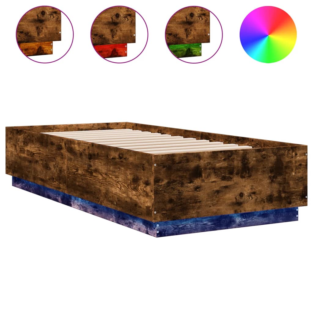 Sengeramme med LED-lys røkt eik 100x200 cm konstruert tre