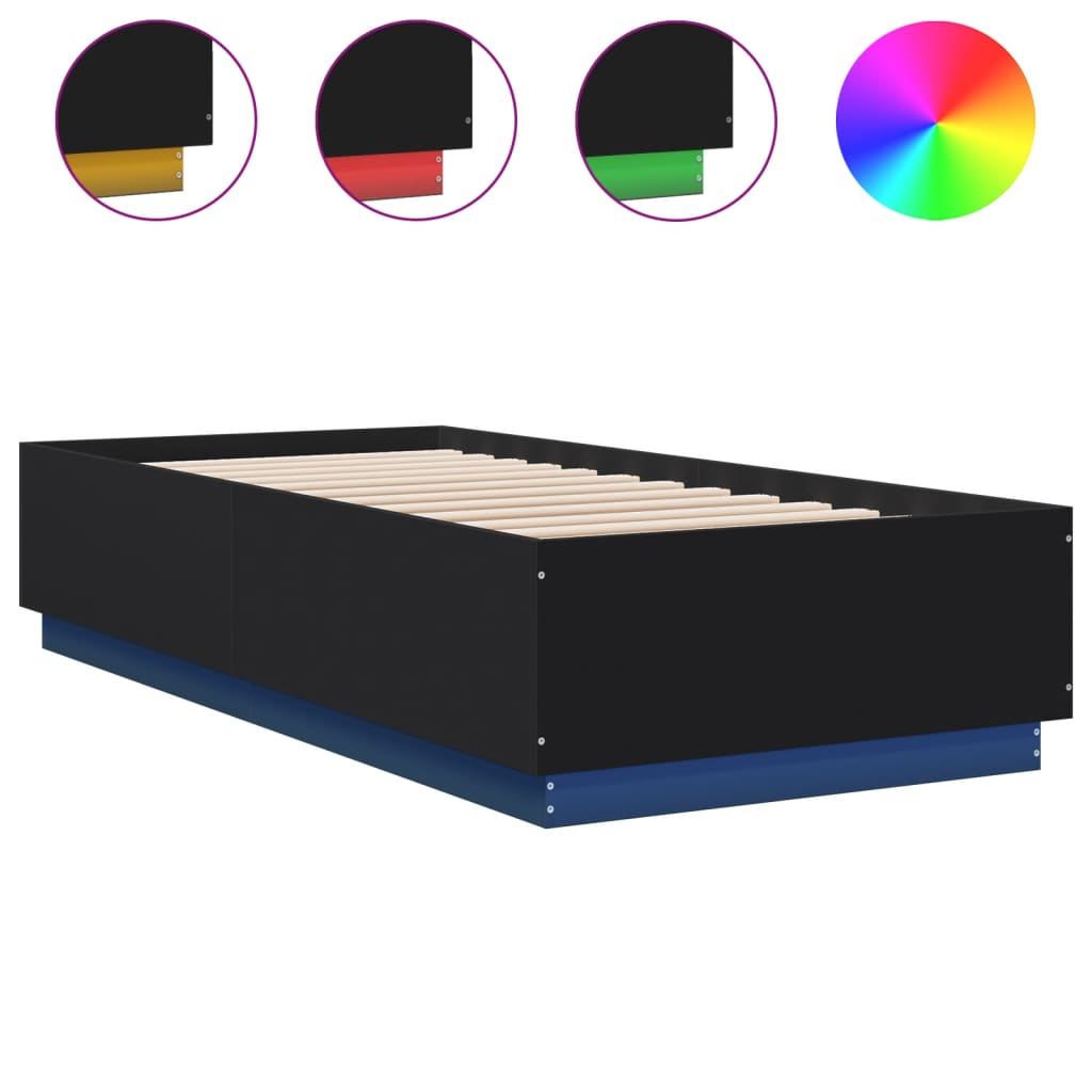 Sengeramme med LED-lys svart 90x200 cm konstruert tre