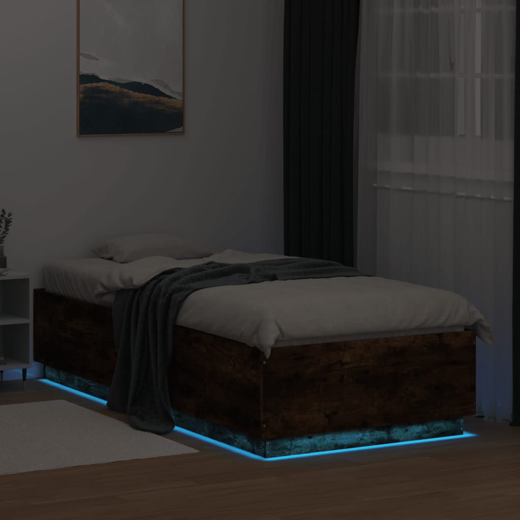 Sengeramme med LED-lys røkt eik 90x200 cm konstruert tre