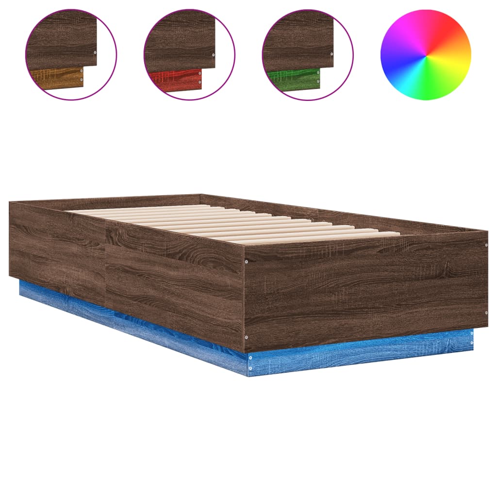 Sengeramme med LED-lys brun eik 90x200 cm konstruert tre