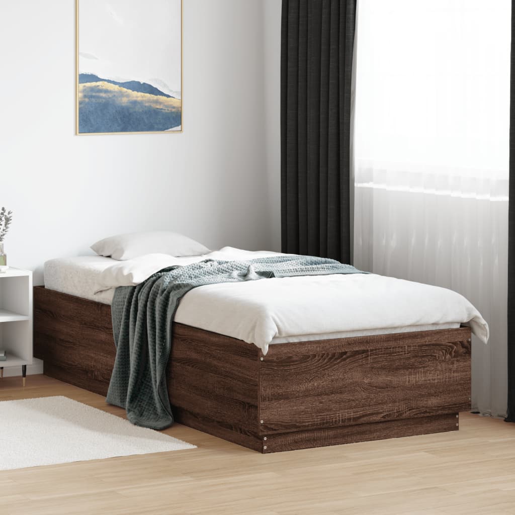 Sengeramme med LED-lys brun eik 90x200 cm konstruert tre