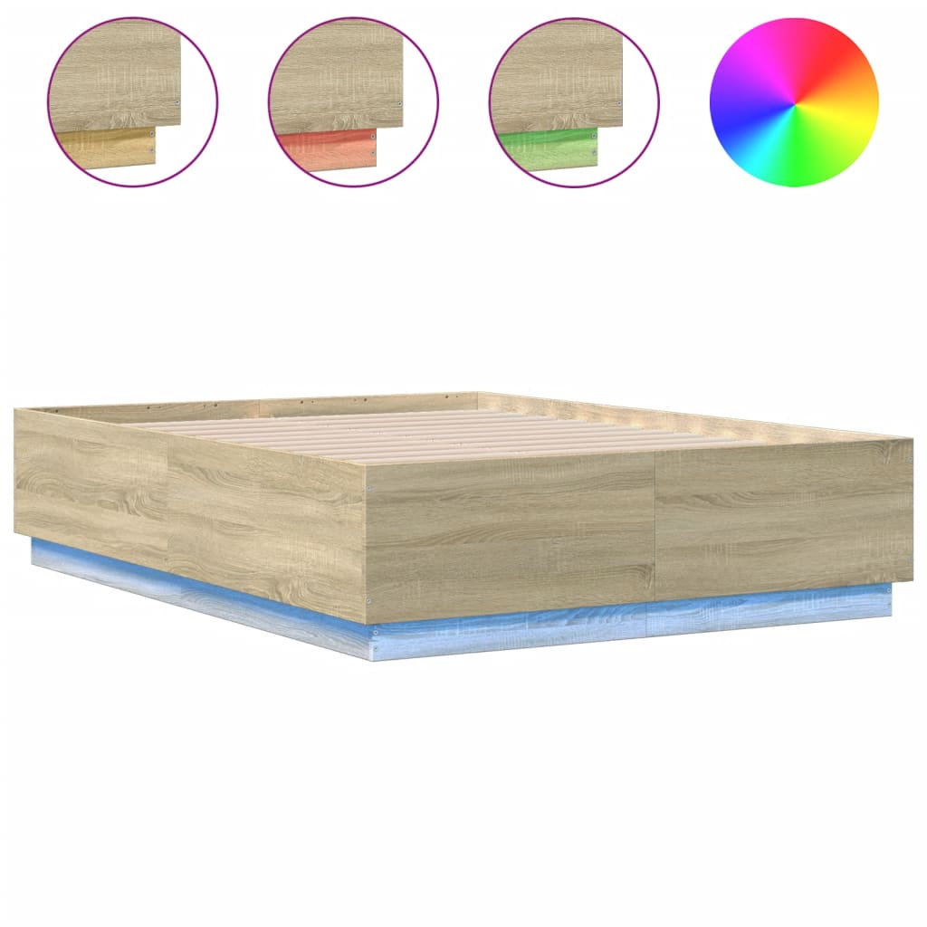 Sengeramme med LED-lys sonoma eik 140x190 cm konstruert tre
