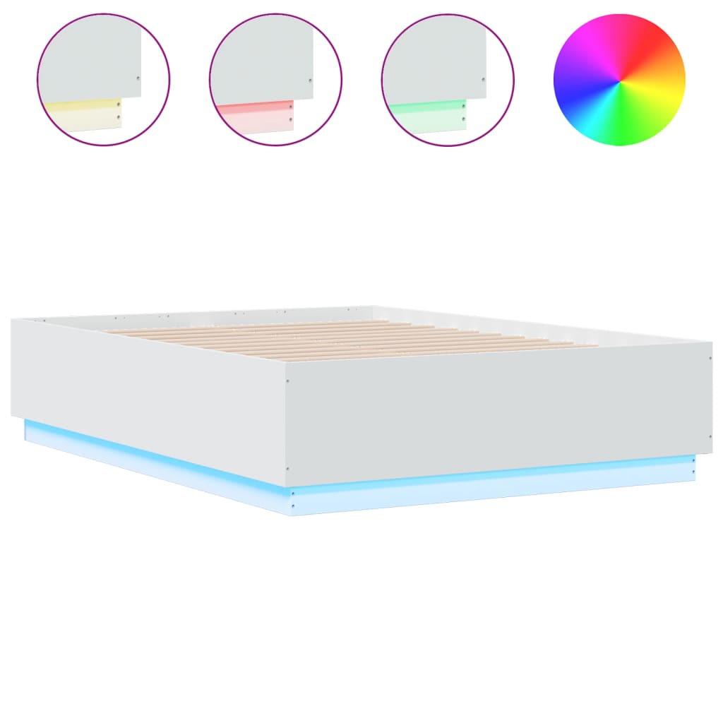 Sengeramme med LED-lys hvit 135x190 cm konstruert tre