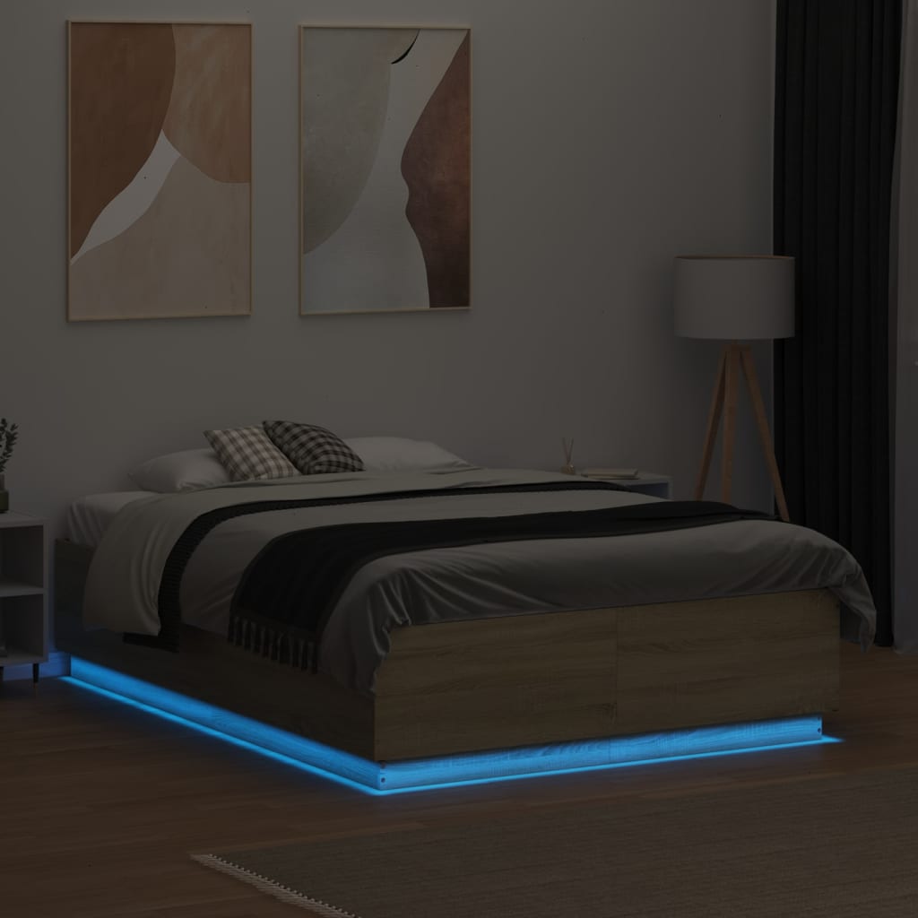 Sengeramme med LED-lys sonoma eik 135x190 cm konstruert tre