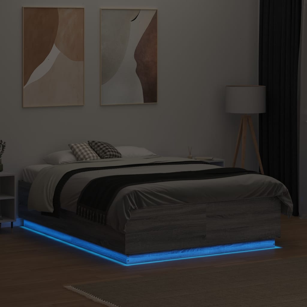 Sengeramme med LED-lys grå sonoma 135x190 cm konstruert tre