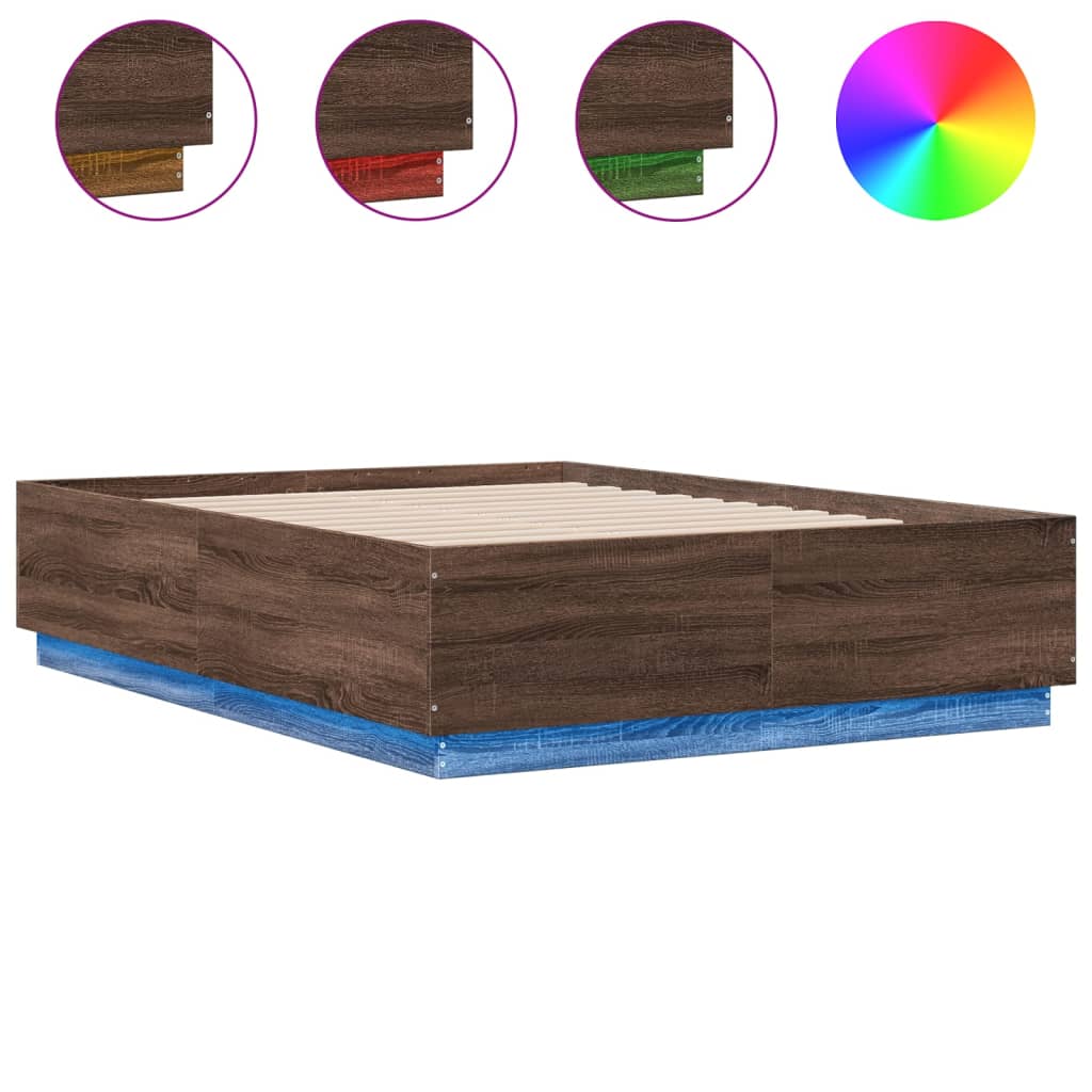 Sengeramme med LED-lys brun eik 135x190 cm konstruert tre