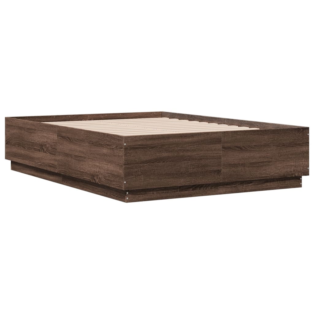 Sengeramme med LED-lys brun eik 135x190 cm konstruert tre