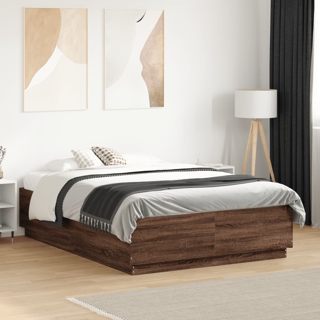 Sengeramme med LED-lys brun eik 135x190 cm konstruert tre
