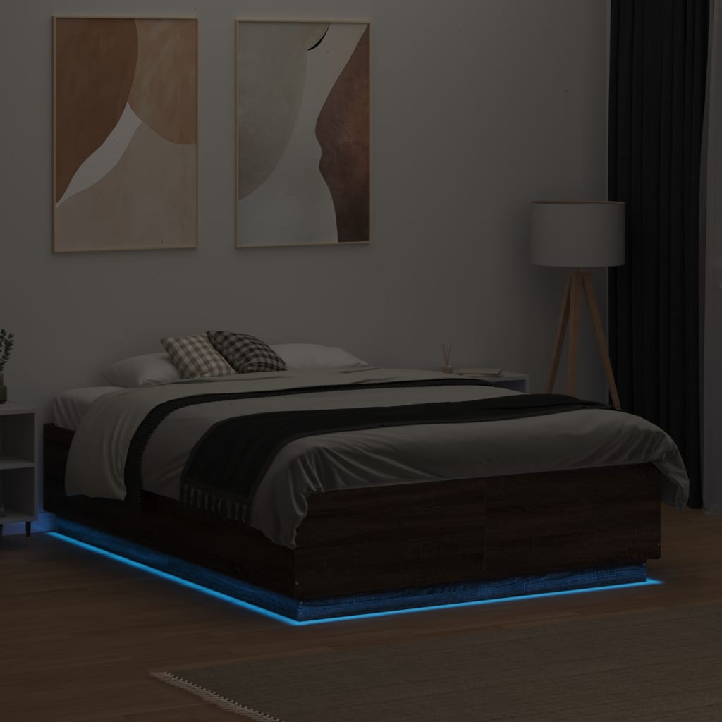 Sengeramme med LED-lys brun eik 120x190 cm konstruert tre