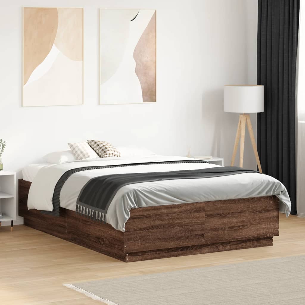Sengeramme med LED-lys brun eik 120x190 cm konstruert tre