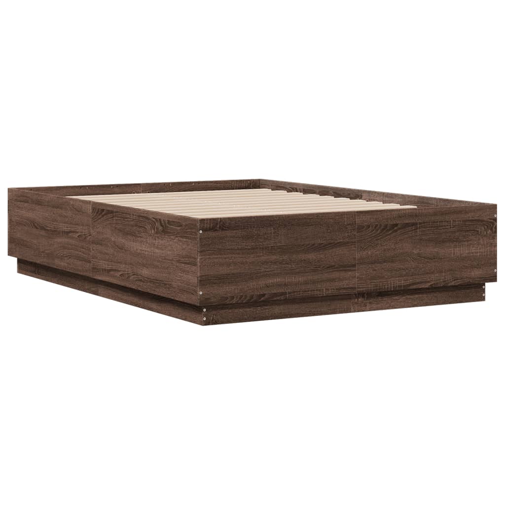 Sengeramme med LED-lys brun eik 120x190 cm konstruert tre