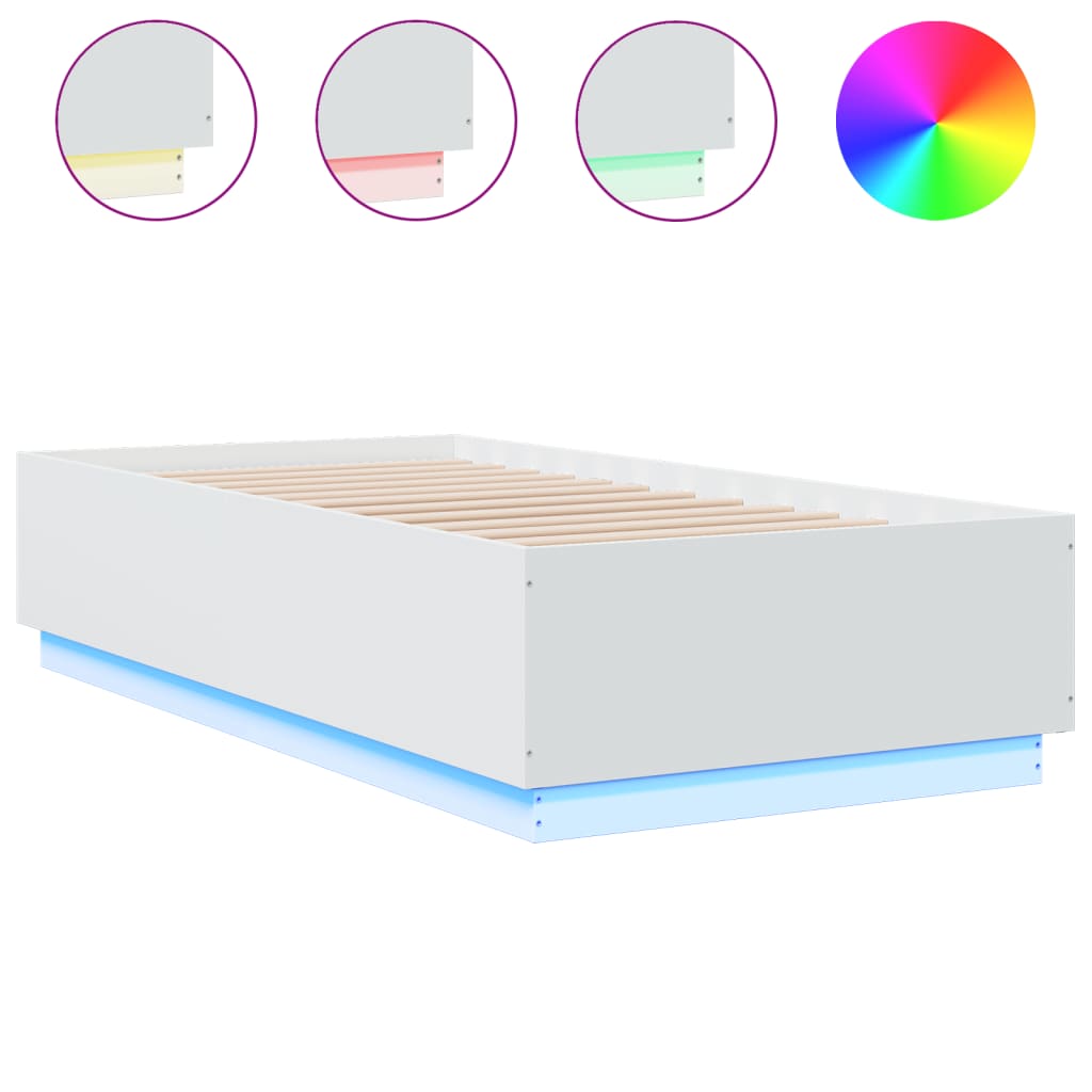 Sengeramme med LED-lys hvit 90x190 cm konstruert tre