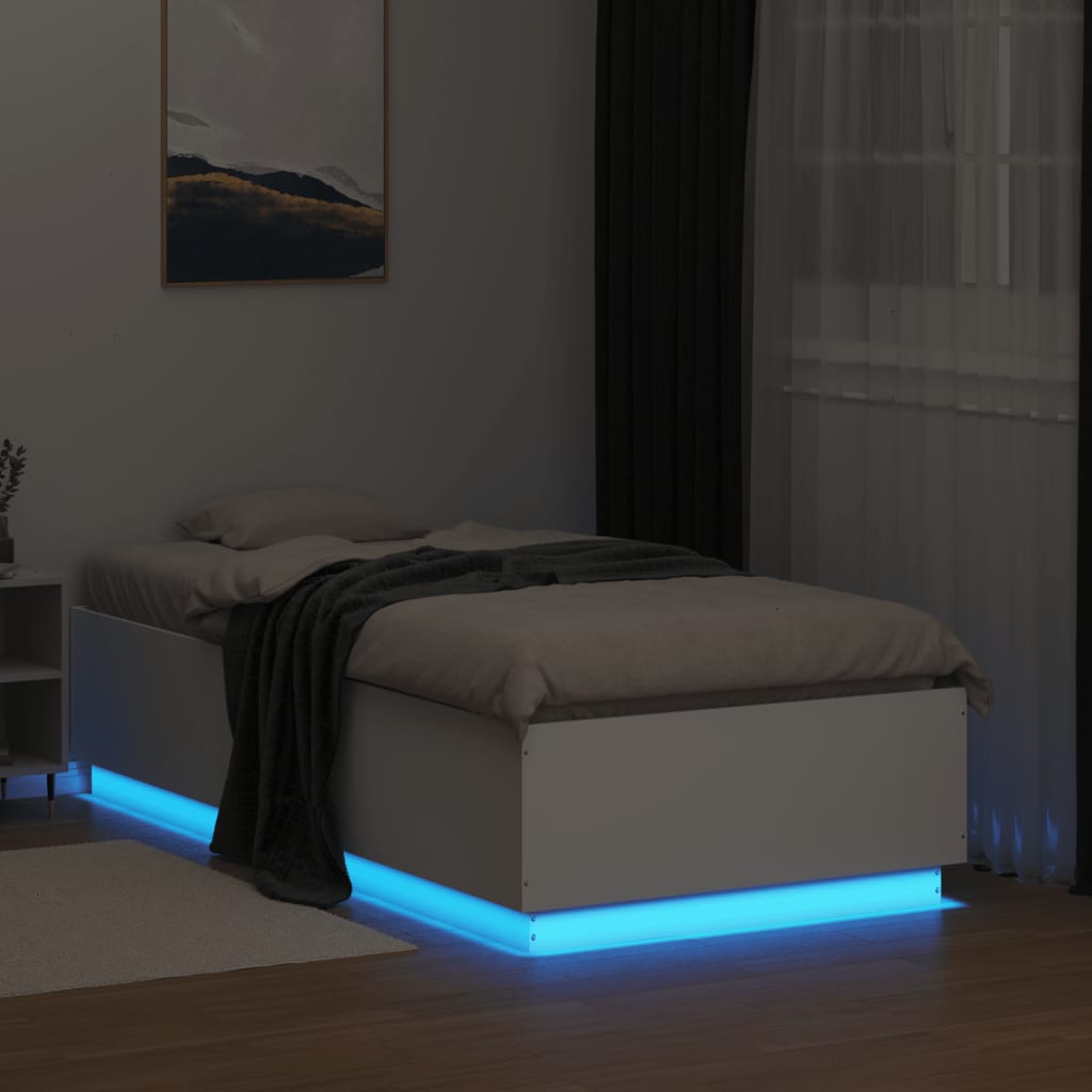 Sengeramme med LED-lys hvit 90x190 cm konstruert tre