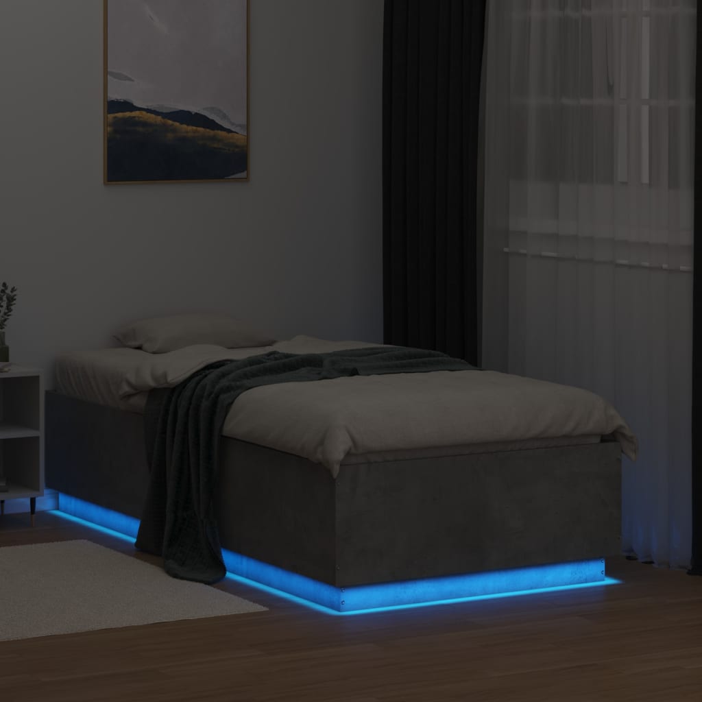 Sengeramme med LED-lys betonggrå 90x190 cm konstruert tre