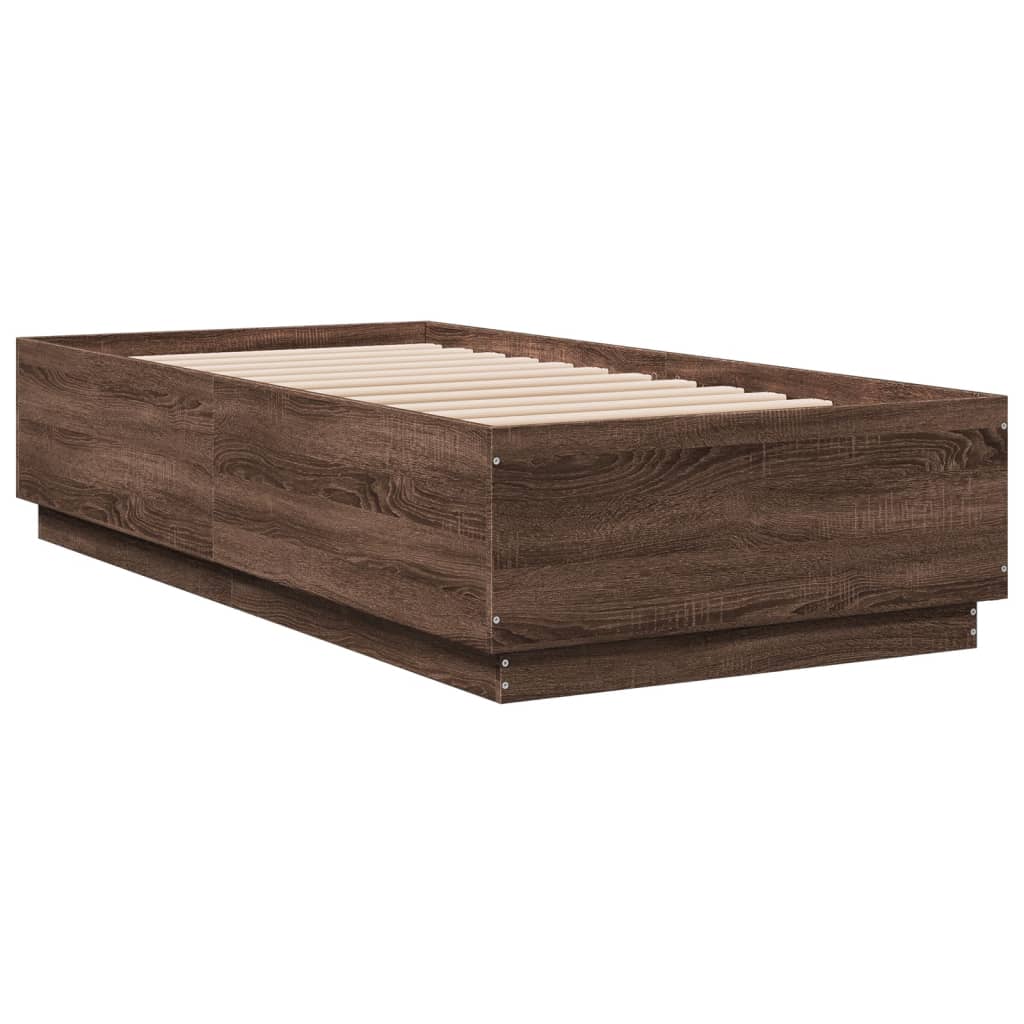 Sengeramme med LED-lys brun eik 90x190 cm konstruert tre