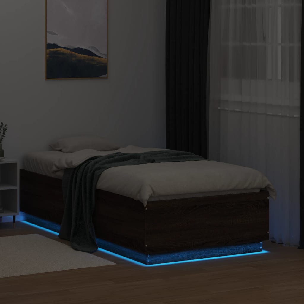 Sengeramme med LED-lys brun eik 90x190 cm konstruert tre