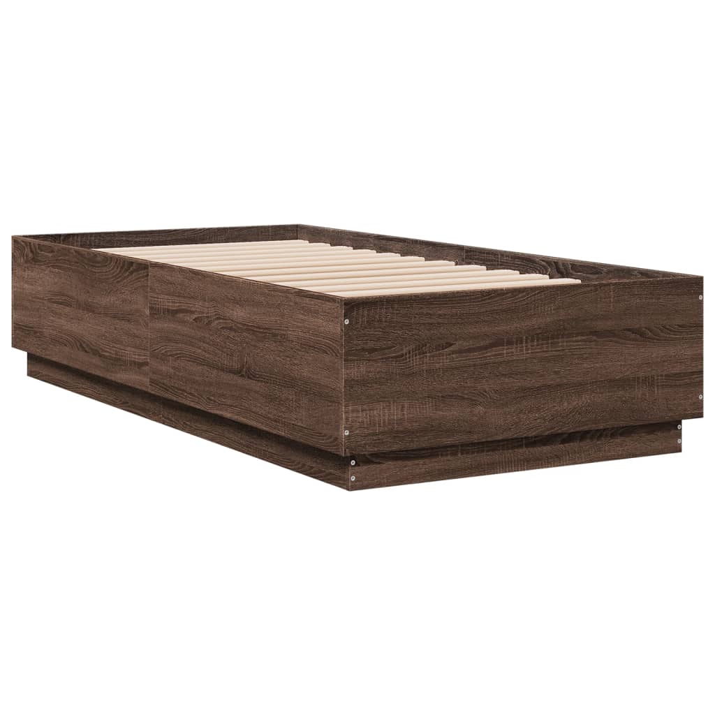 Sengeramme med LED-lys brun eik 90x190 cm konstruert tre