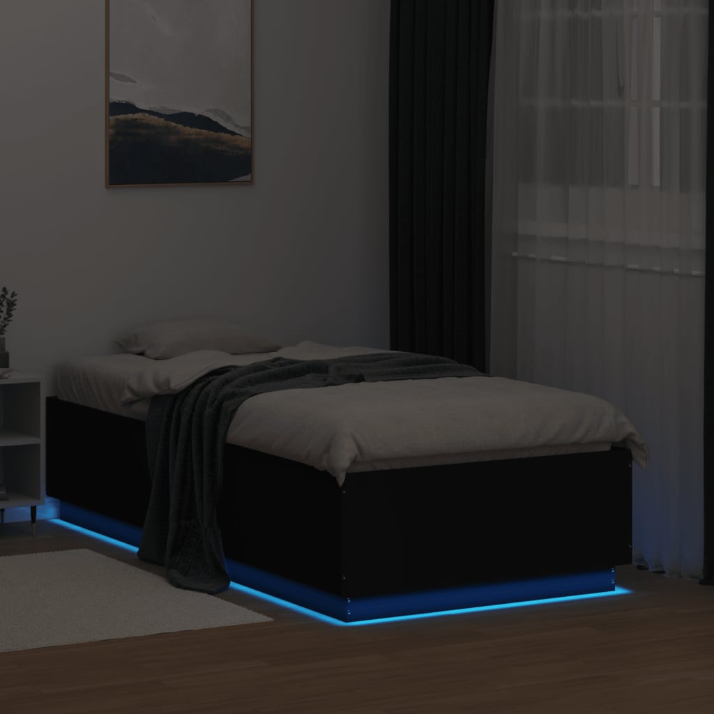 Sengeramme med LED-lys svart 75x190 cm konstruert tre