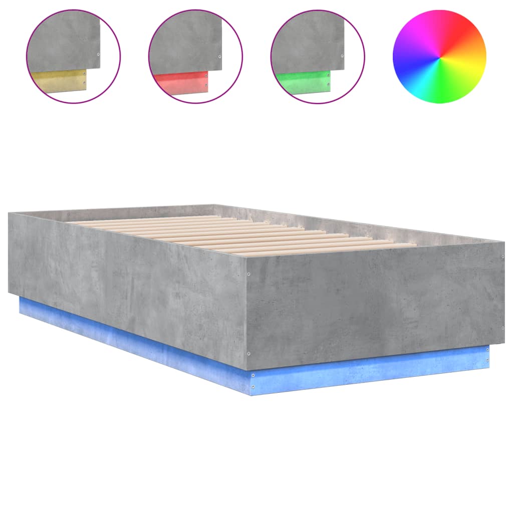 Sengeramme med LED-lys betonggrå 75x190 cm konstruert tre