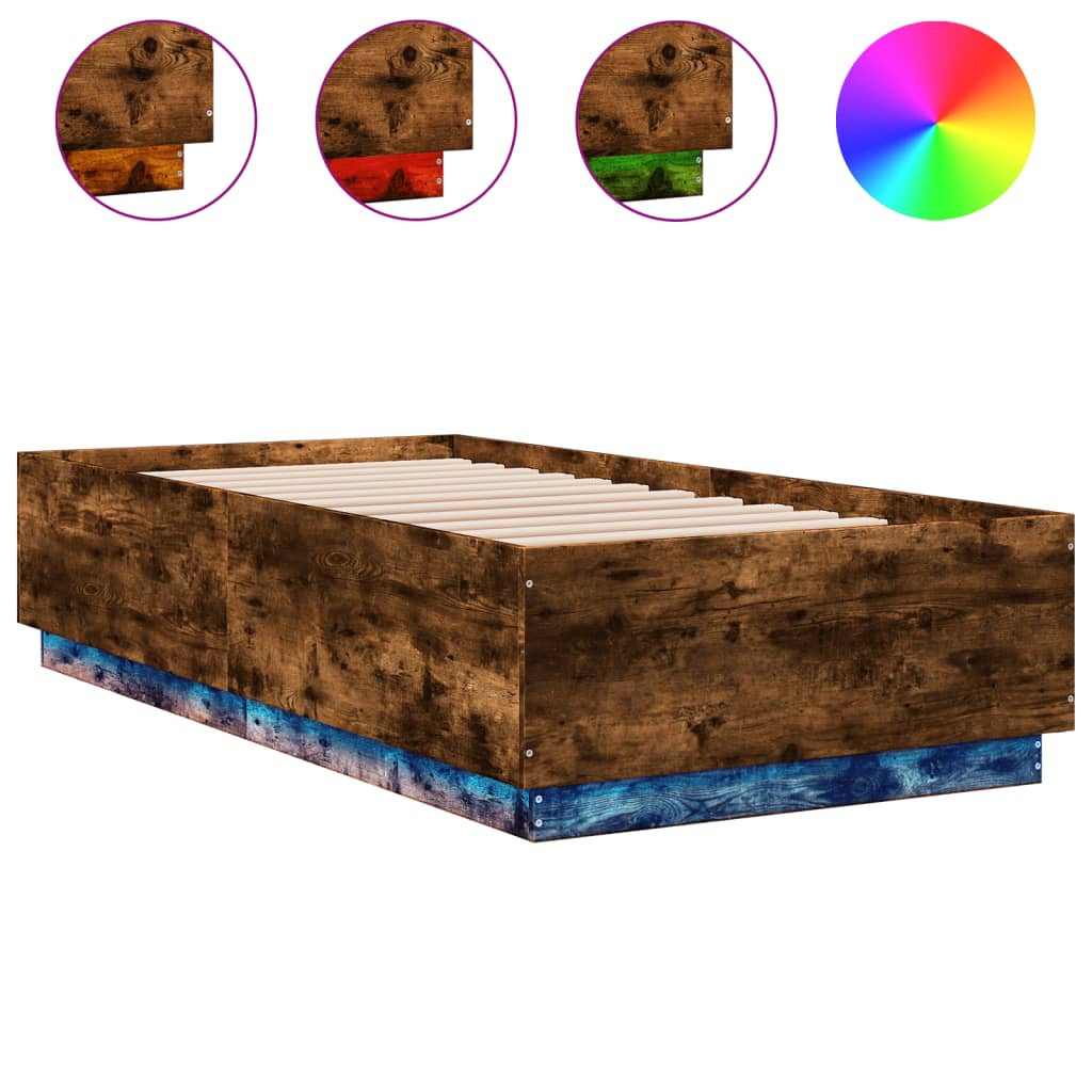 Sengeramme med LED-lys røkt eik 75x190 cm konstruert tre