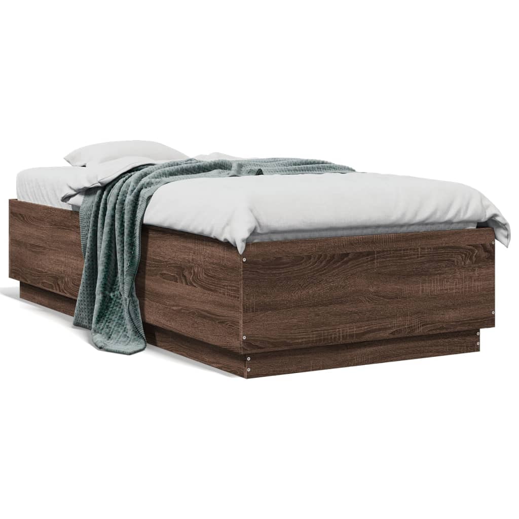 Sengeramme med LED-lys brun eik 75x190 cm konstruert tre