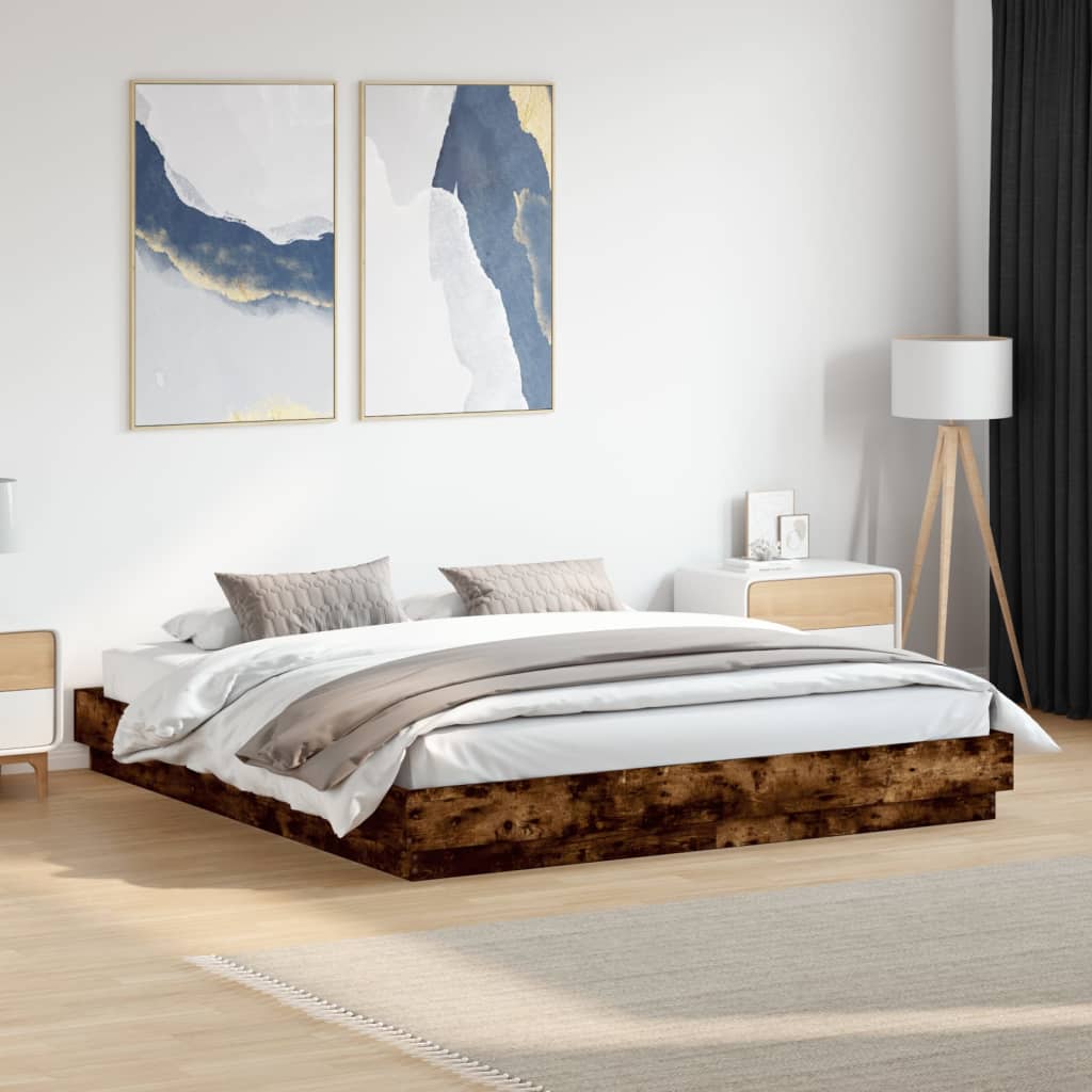 Sengeramme med LED-lys røkt eik 180x200 cm