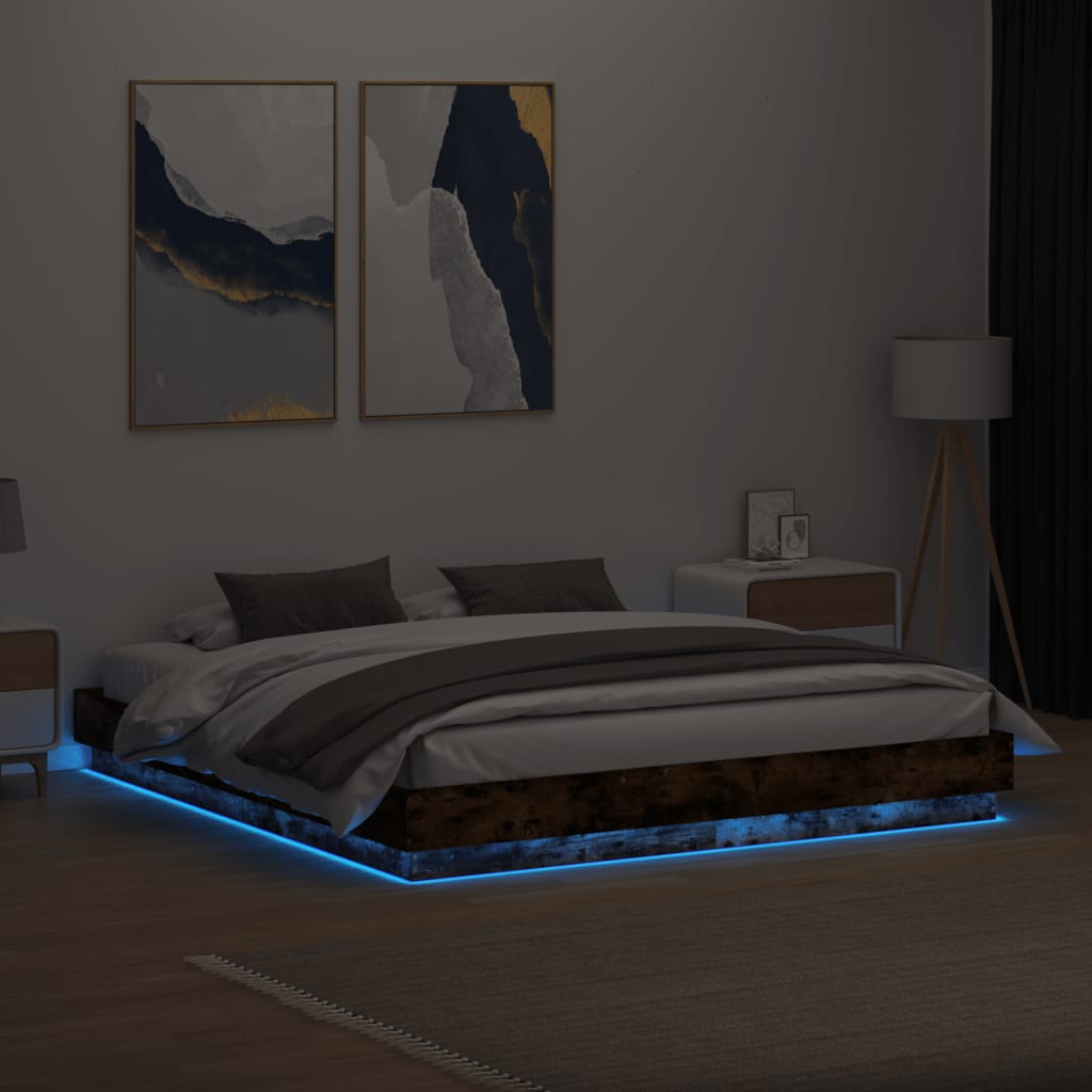 Sengeramme med LED-lys røkt eik 180x200 cm