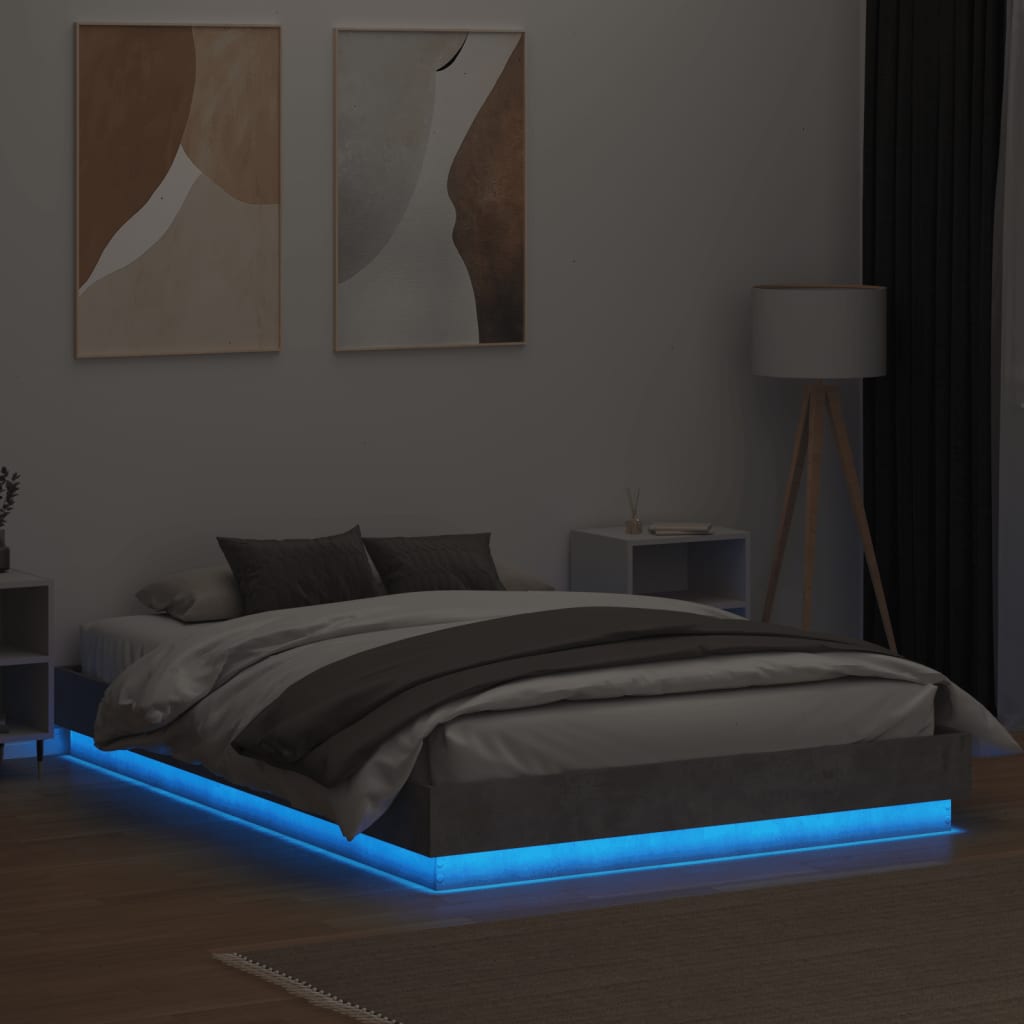 Sengeramme med LED-lys betonggrå 160x200 cm