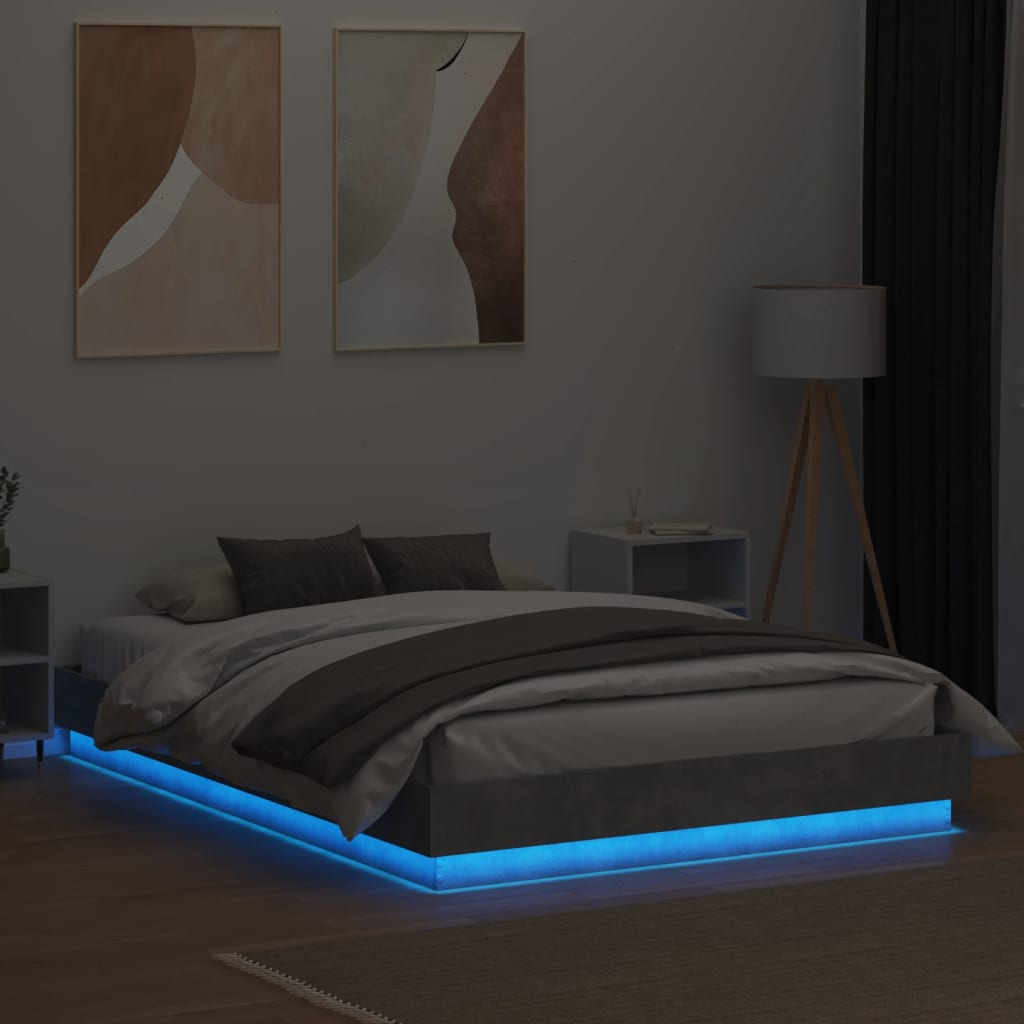 Sengeramme med LED-lys betonggrå 150x200 cm