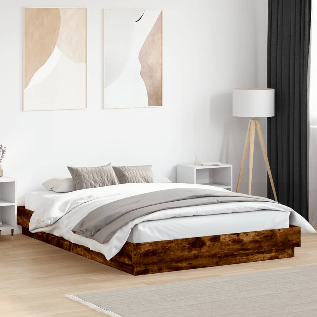 Sengeramme med LED-lys røkt eik 150x200 cm