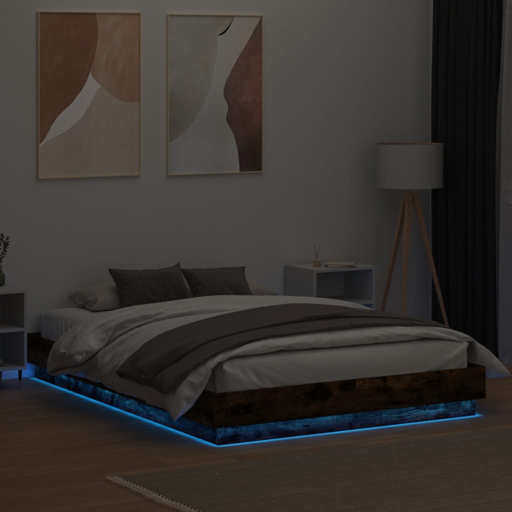 Sengeramme med LED-lys røkt eik 120x200 cm