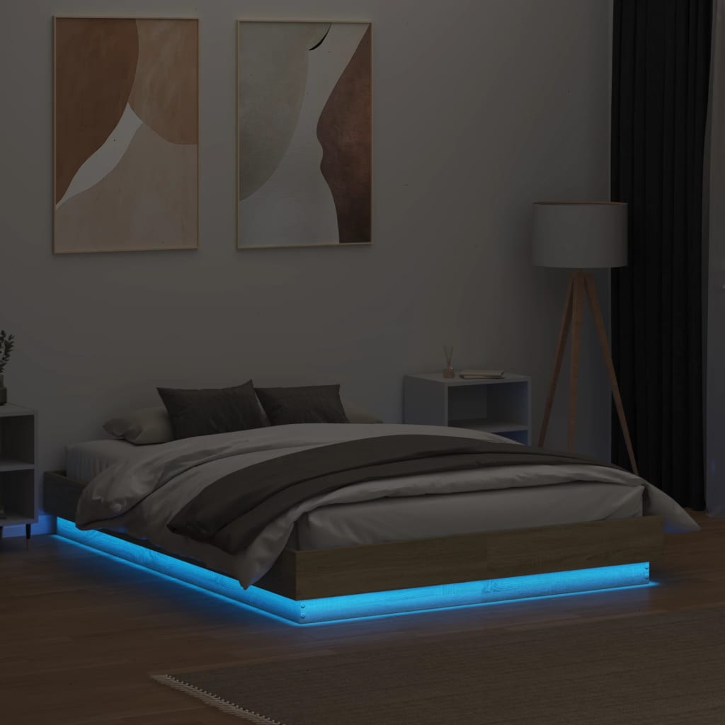 Sengeramme med LED-lys sonoma eik 135x190 cm